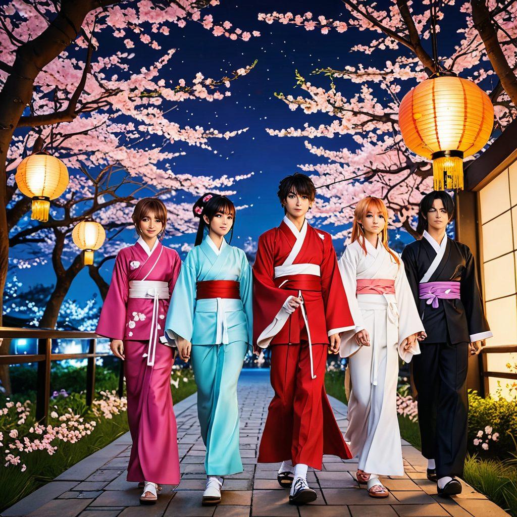 A vibrant, captivating scene depicting a diverse group of anime characters in an 18+ themed setting, surrounded by iconic elements of Japanese culture like cherry blossoms and lanterns, with playful interactions between characters showcasing their unique personalities. The colors should be bold and enticing, enhancing the allure of the adult content theme, while maintaining an artistic flair. super-realistic. vibrant colors. 3D.